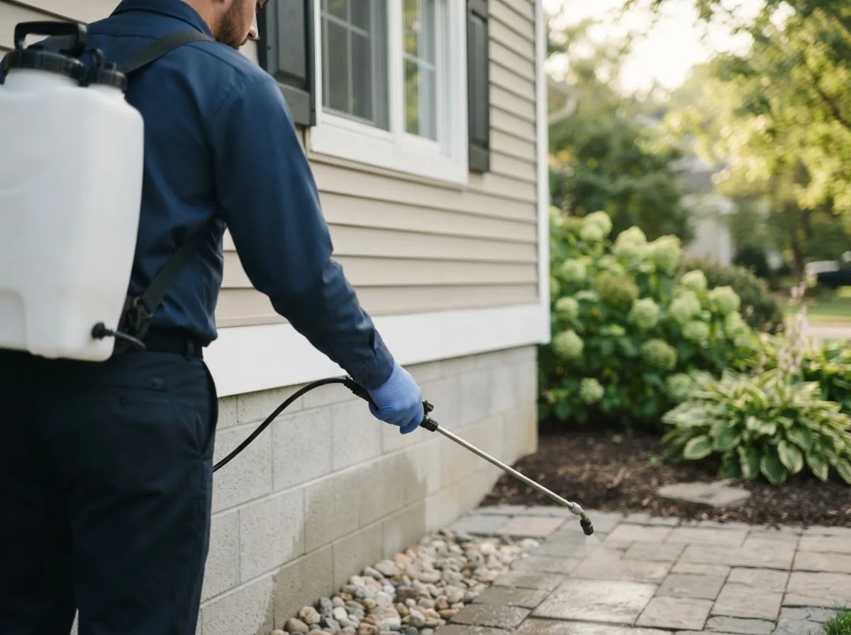 Pest control technician inspecting a home in Mannsville, KY